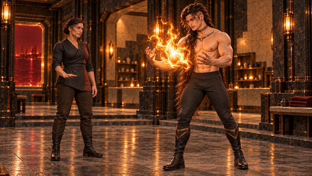 Saevren strains to hold a broad, irregular amber flame between his hands, his long chestnut hair still loose. Velkira gives a low calming cue as she watches him in the Cinder Chambers.