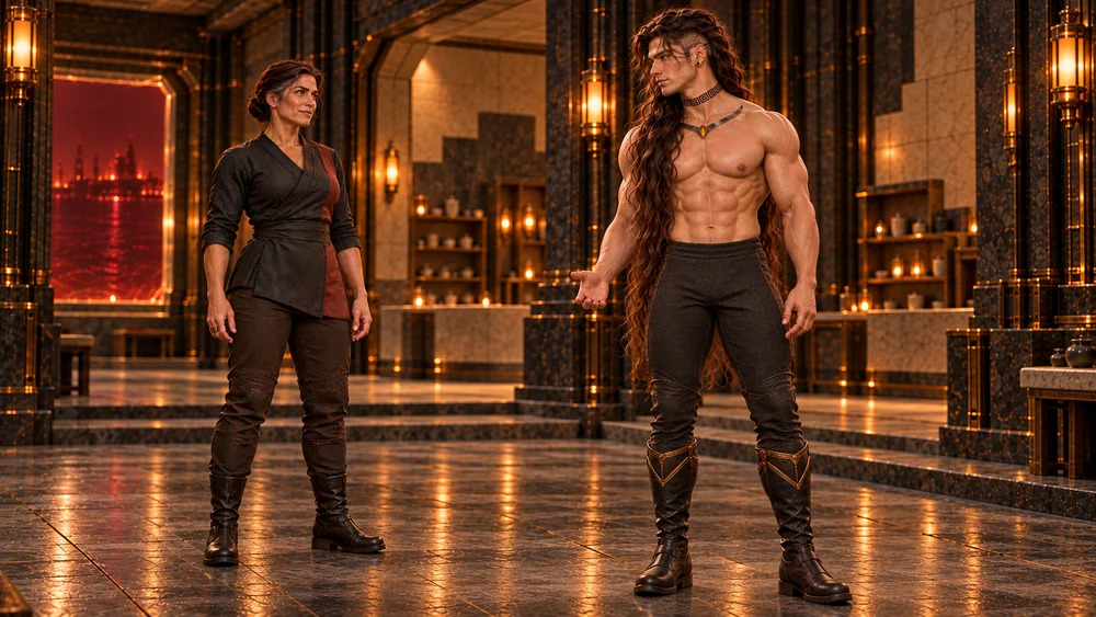 Saevren lowers his empty hands after ending his flame and looks toward Velkira, who meets him with a quiet approving expression. His long chestnut hair remains loose as they stand in the dry Cinder Chambers.