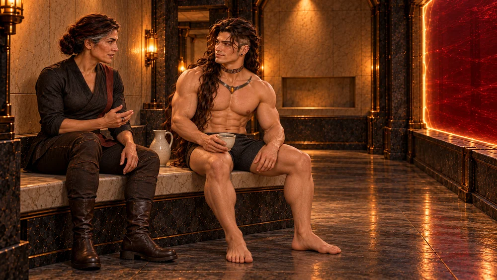 Barefoot Saevren rests on the pale-topped bench in charcoal shorts, holding a cup of water against one thigh while his other hand relaxes. Velkira sits beside him in quiet conversation, with a small jug between them and red bromine beyond the protected opening.