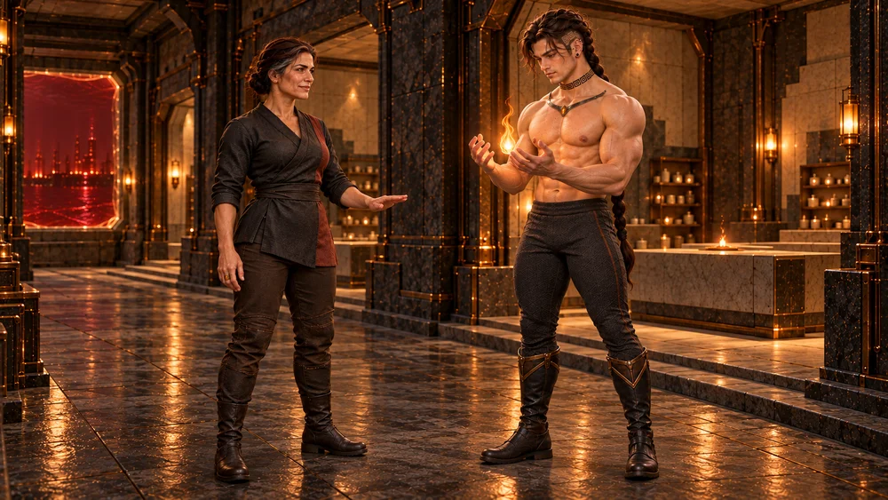 Saevren stands in the dry Cinder Chambers with his long braid restored, holding a coherent amber flame between his hands. Velkira watches with a quiet smile and a low guiding gesture. Their full figures remain visible beside the recessed refractory practice bays, with red bromine beyond a protected opening.