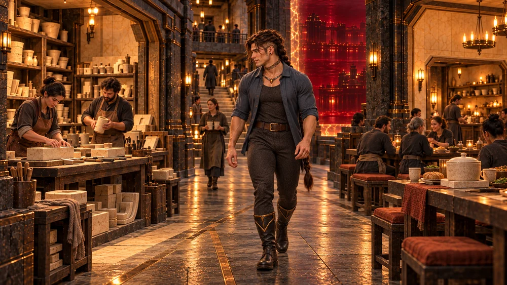 Saevren walks through the sheltered Refractory Walk in his slate-blue overshirt, charcoal geometric clothes and fitted dark boots, turning toward artisans working pale ceramic on the left. Residents share food on the right, where a covered pot rests on a ceramic trivet. His long braid hangs beside his thigh, and dense red bromine remains beyond the protected background opening.