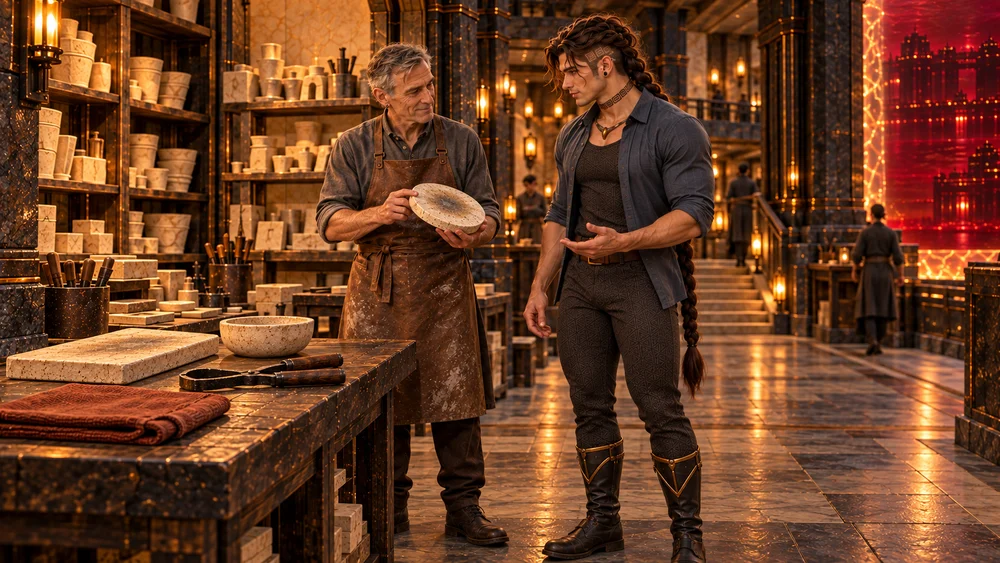 Heskar tilts a cooled flat ceramic disc toward the workshop light and indicates its edge while Saevren listens in his slate-blue civil clothes. A rectangular refractory plate, shallow bowl, wooden-handled tongs and folded rust cloth rest on the dark bench. Shelves of pale ceramic frame the protected workshop, with red bromine beyond the distant boundary.