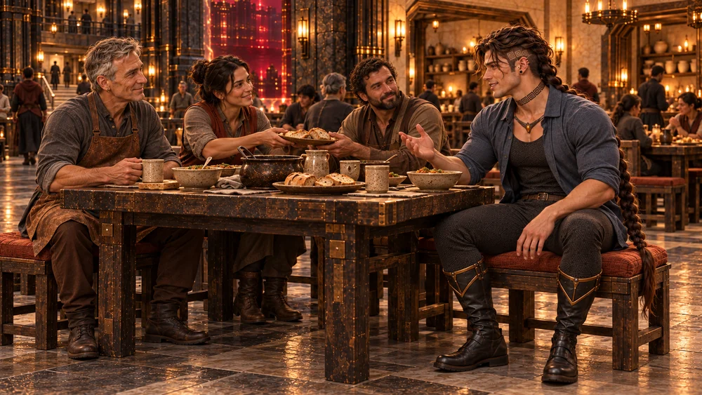 Saevren sits at the end of a rust-cushioned bench, smiling and gesturing as he talks with Heskar and two local adults over a simple shared meal. His muscular thighs, fitted dark boots and complete long braid remain visible. The residents pass bread across the common table inside the warm protected dining room, with red bromine beyond the distant boundary.