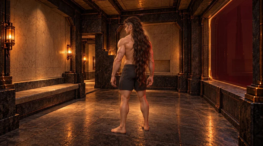 Saevren stands with his back to the viewer in the warm protected recovery chamber, wearing opaque charcoal geometric shorts. Thick loose chestnut waves fall down his back to his thighs. His muscular arms hang at his sides, and his bare feet remain fully in view on the dry mineral floor. A pale stone bench lines the left wall, with a sheltered passage behind it and a deep red protected opening on the right.