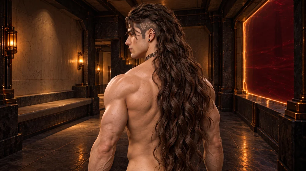 A rear waist-up portrait of Saevren in the protected recovery chamber. His head turns gently to the left, revealing his youthful profile, geometric undercut, dark ear ornaments and neck tattoo. His broad shoulders and bare upper back frame thick loose chestnut waves that continue beyond the lower edge. A pale mineral bench and sheltered doorway remain visible on the left, with deep red liquid beyond the protected opening on the right.