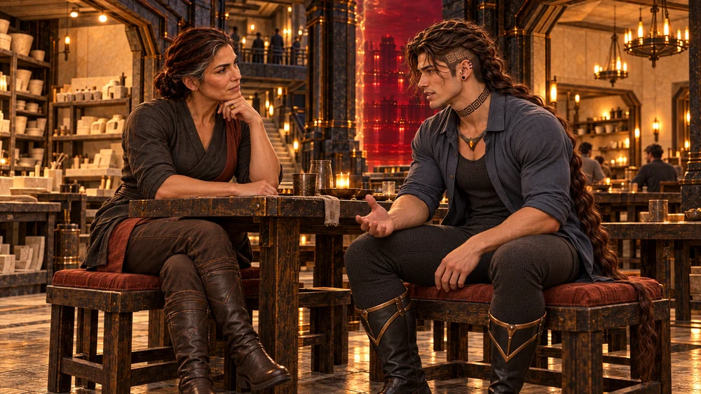 Saevren speaks with an open hand while Velkira listens across a table in the warm mineral dining hall, with pottery shelves and protected red bromine beyond.