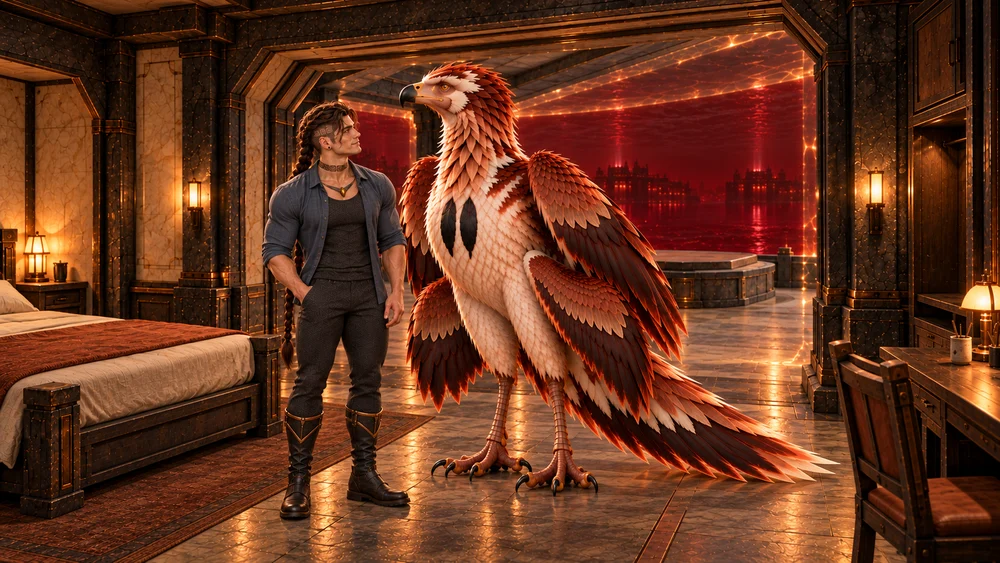 Saevren looks up at Thoden beside the familiar doorway of his room; the growing four-winged bird stands on the same dry floor, its full copper-and-cream tail extending beside the protected landing.