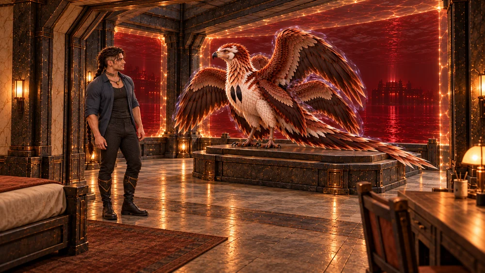 Saevren watches as Thoden settles onto the broad mineral support in the protected landing, his copper-and-cream wings partly open and a faint violet protective contour fading around them.