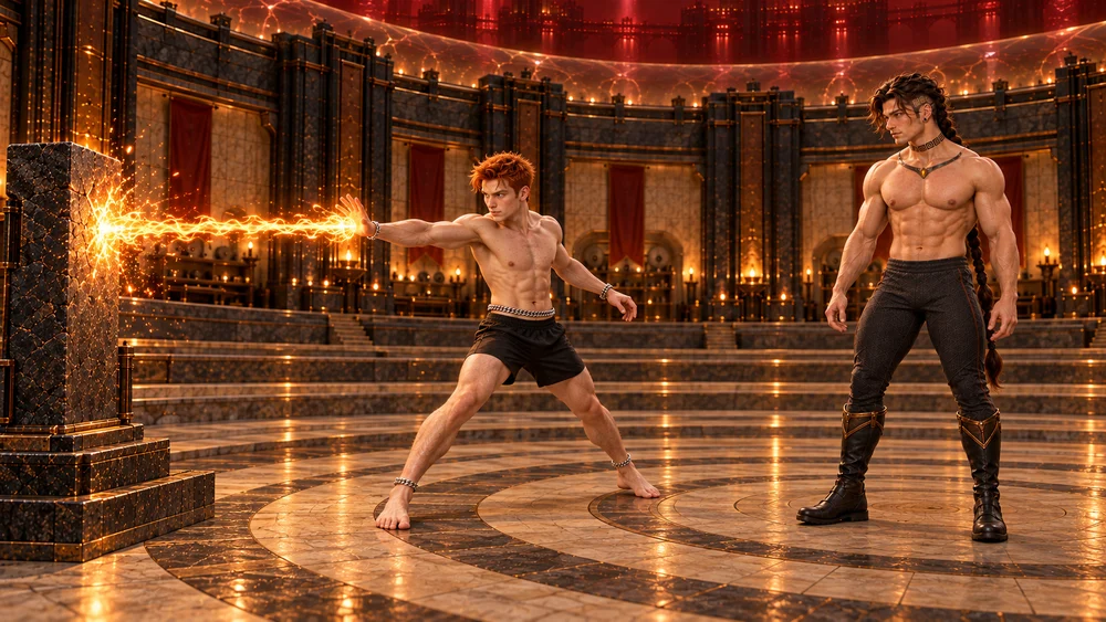 Eshrik directs a narrow amber flame toward a prepared refractory target as he shifts across the Furnace Ring, while Saevren watches his new position from the dry protected floor.