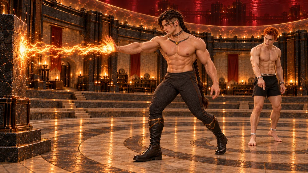 Saevren takes a measured step while casting amber fire toward a refractory target, his chest and pelvis aligned in a frontal three-quarter view as Eshrik indicates the foot placement from behind.