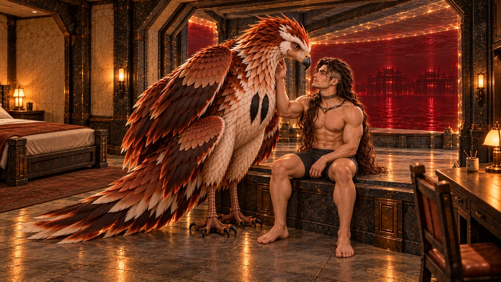 Saevren rests barefoot on the low platform beside the sheltered landing, his long hair unbound, while he gently touches Thoden’s neck and the great bird inclines toward him.