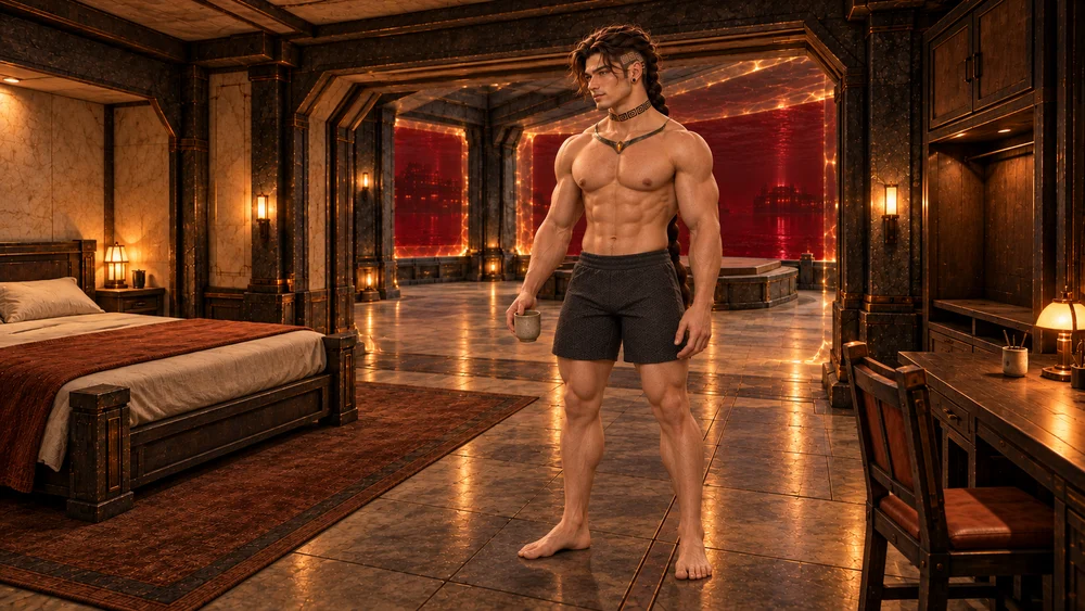 Saevren stands barefoot in his sheltered room, holding a small cup at his side, his familiar strength more clearly defined after sustained practice.