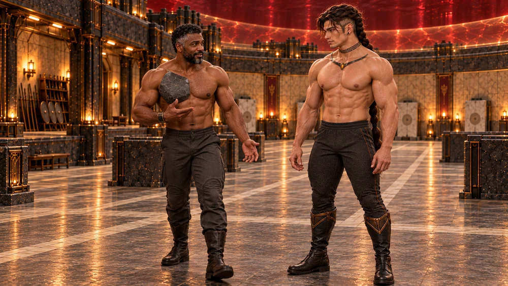 Dherrek demonstrates a fitted stone plate over his right pectoral as he takes a short step through the Tempering Courts, while Saevren watches beside him.