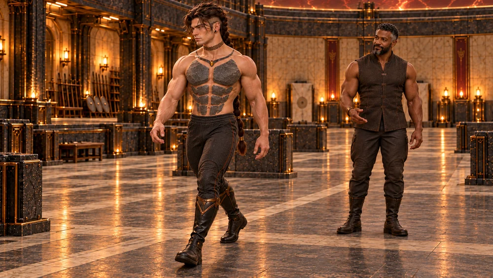 Saevren takes a measured step through the Tempering Courts, wearing separate stone plates over his chest and abdomen while Dherrek watches his movement.