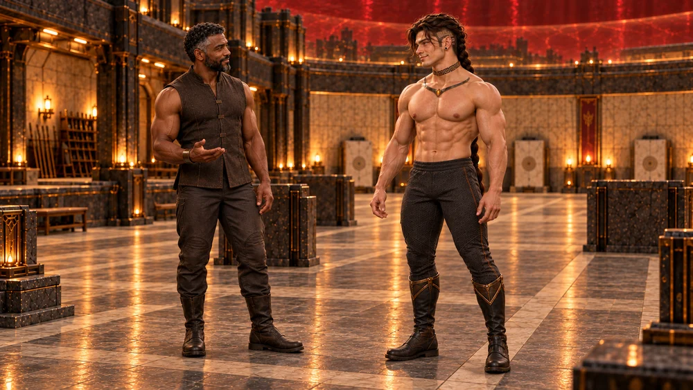 Saevren stands relaxed with his chest and abdomen bare after releasing the stone plates, exchanging a quiet smile with Dherrek in the Tempering Courts.