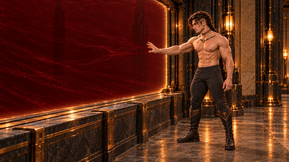 Saevren reaches from the dry side of a protected bay, concentrating on a faint bend in the dense red liquid beyond the shelter.