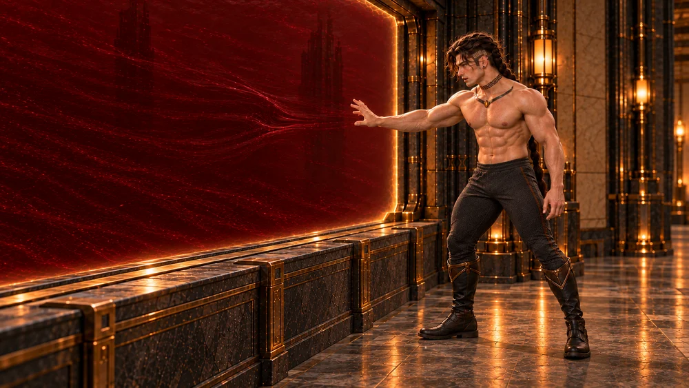 Saevren braces in a protected bay, his outstretched hand guiding a small bend in the dense red liquid beyond the shelter.