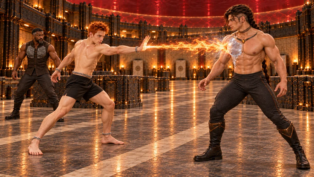Saevren meets Eshrik’s brief flame with a single ice plate over his chest while Dherrek keeps his own stone protection beside the training lane.
