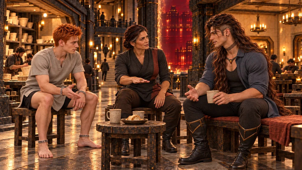 With his hair loose, Saevren shares a quiet pause with Eshrik and Velkira in The Refractory Walk, holding a cup as they discuss an earlier end to the next cast.