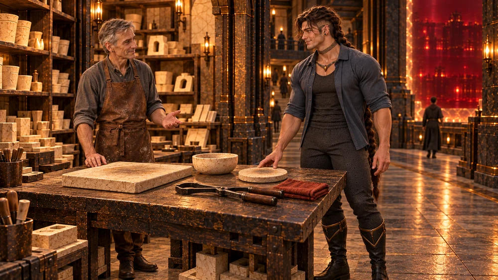 Saevren returns the borrowed practice pieces to Heskar’s workbench, setting down the cooled disc as they talk.