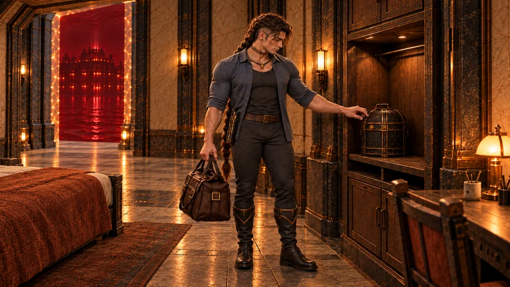 Saevren lifts his familiar brown bag while checking the closed case in the room’s luggage niche, his folded crossbow secured at his right hip.