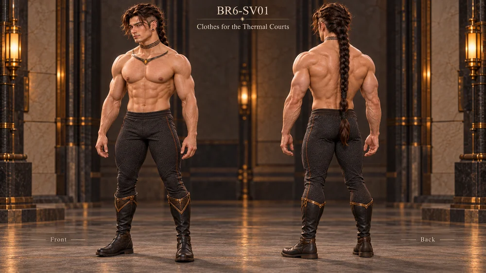 Front and rear studies of Saevren's thermal-court practice clothing, with an uncovered torso, dark trousers, tall boots and a long braid.