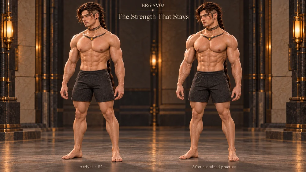 Comparative full-body studies of Saevren's muscular build on arrival and after sustained practice in the Ember Crucibles.