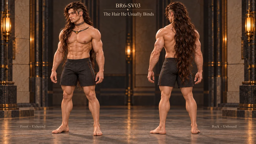 Front and rear studies of Saevren with long loose chestnut hair and charcoal rest shorts.