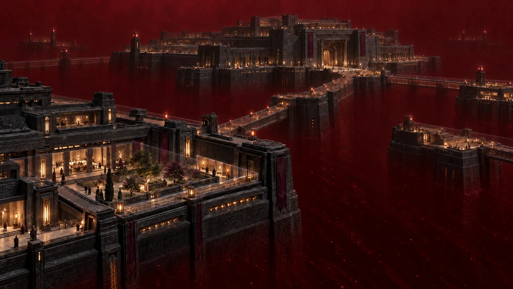 A wide view of the Black Vigil’s low, massive bastions surrounded by dark red liquid bromine.