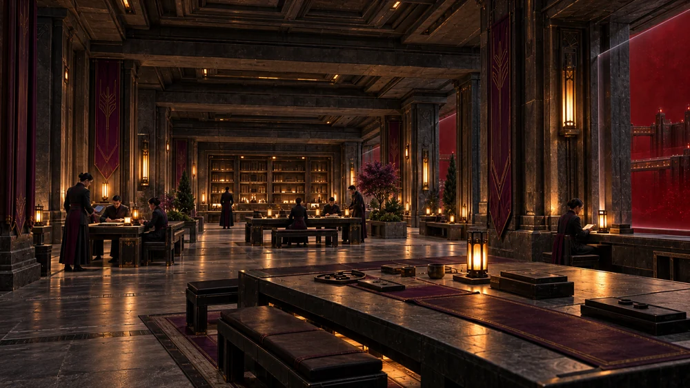 Deep sheltered galleries with broad columns, low dark stone tables and quiet listening spaces.