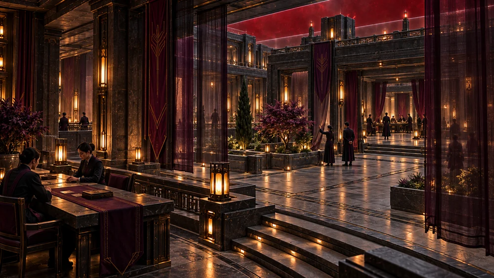 Layered interior courts with dark hanging cloth, observation frames and formal reading tables.