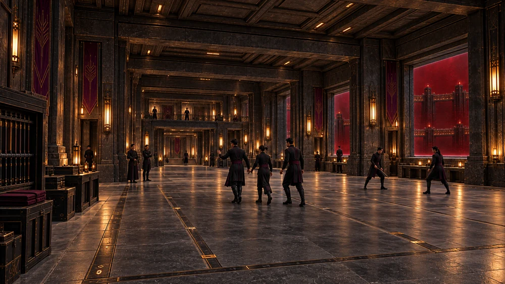 A long dry practice hall with successive thresholds, discreet floor markings and lateral observation spaces.