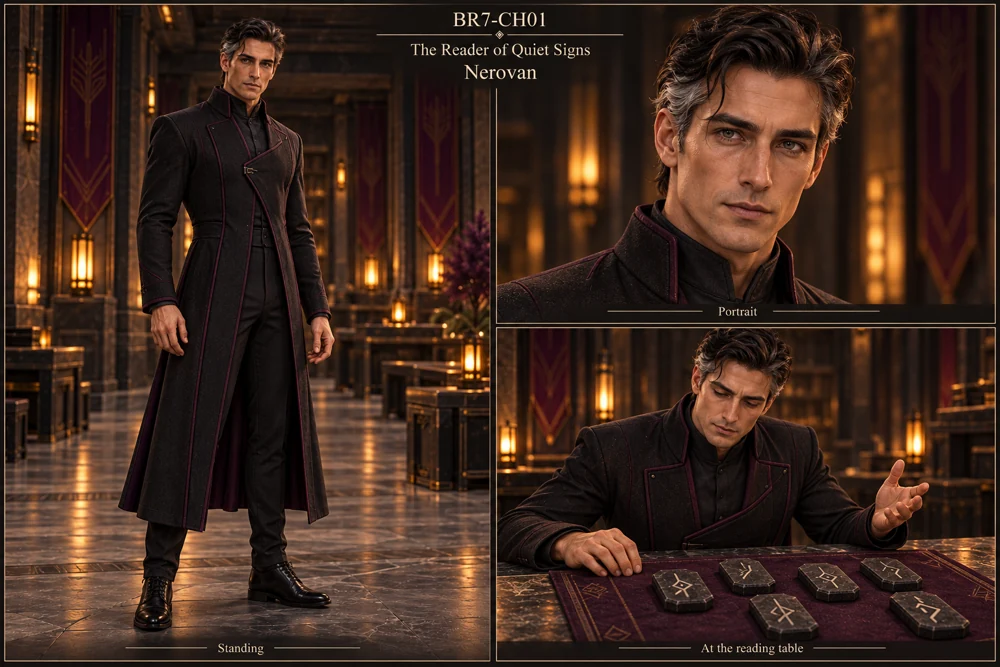Nerovan, with dark hair graying at the temples, a fine expressive face and long geometric charcoal clothing.