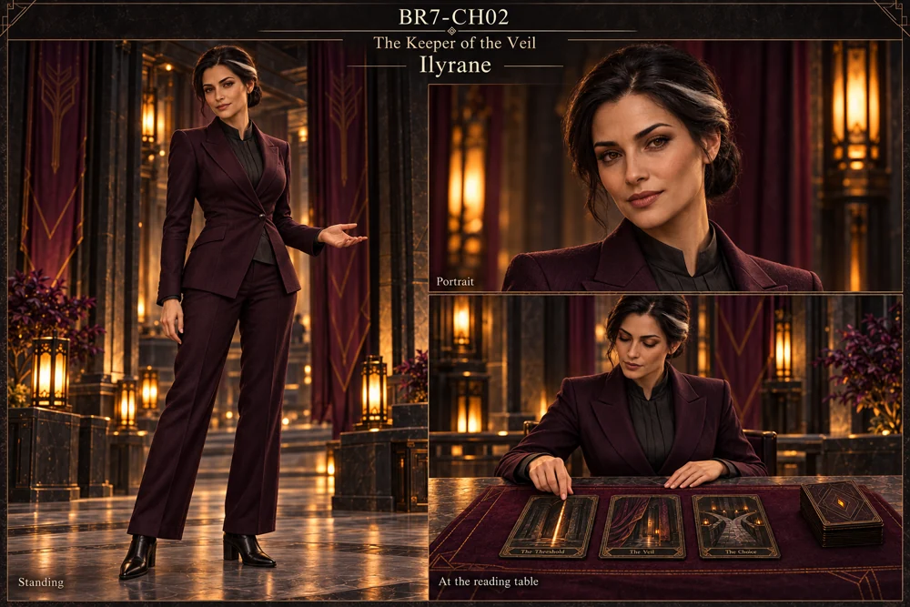 Ilyrane with gathered black hair, a subtle pale lock and a very dark plum formal suit.