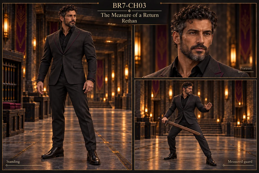 Rethan with short curly hair, a close beard, a solid build and dark tailored practice clothing.
