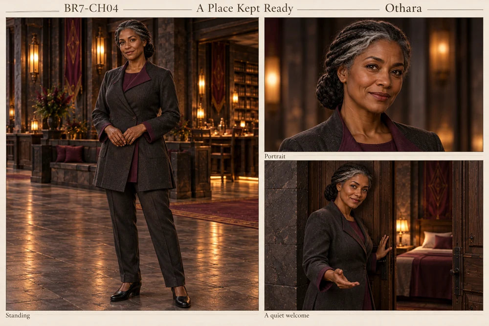 Othara with dark skin, gray threaded braids and formal working clothes, her expression attentive and approachable.
