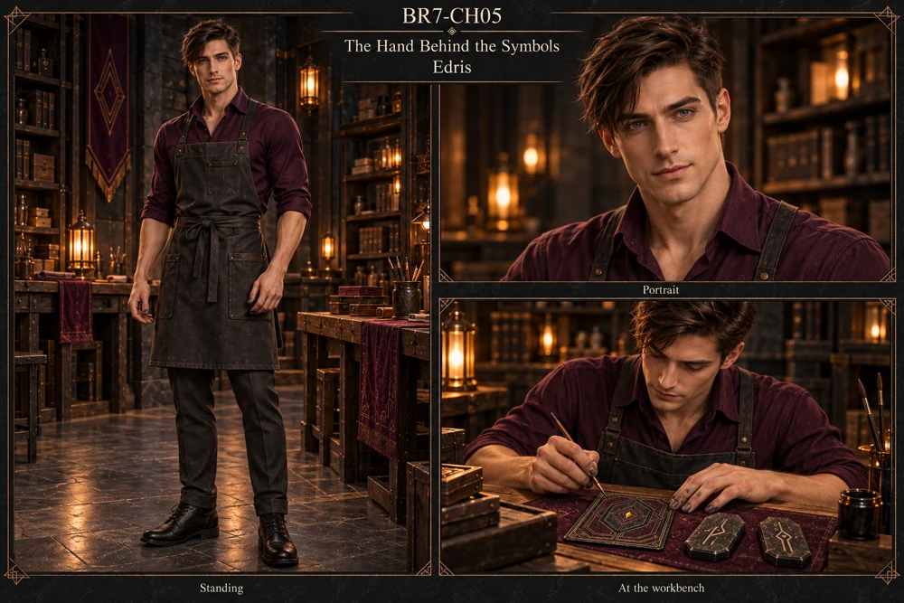 Edris with short asymmetric hair, ink marked hands, formal workshop clothes and a plain work apron.