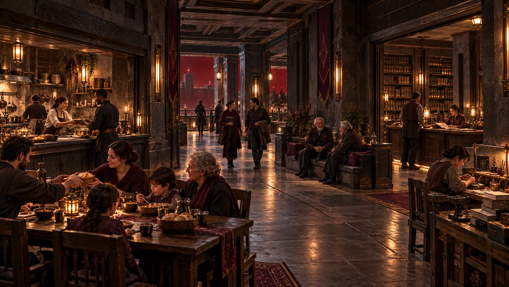Residents share a shift kitchen, meeting room and route archive linked by sheltered galleries.