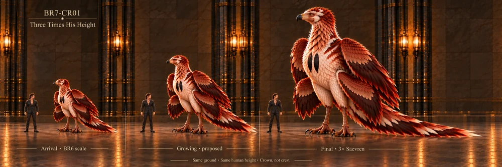 A comparative scale study of Thoden’s proportional growth, reaching a head height three times Saevren’s.