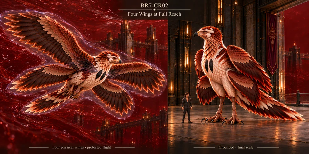 Thoden at full scale in flight and perched, with four physical wings, two legs and a complete tail.