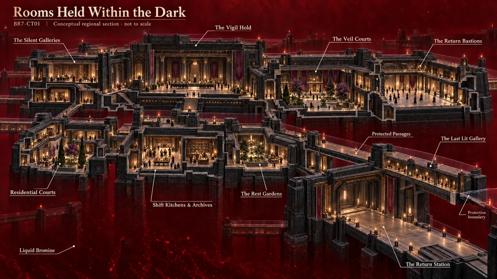 A conceptual cutaway of dry galleries, interior courts, living rooms and the return station, surrounded by red liquid bromine.
