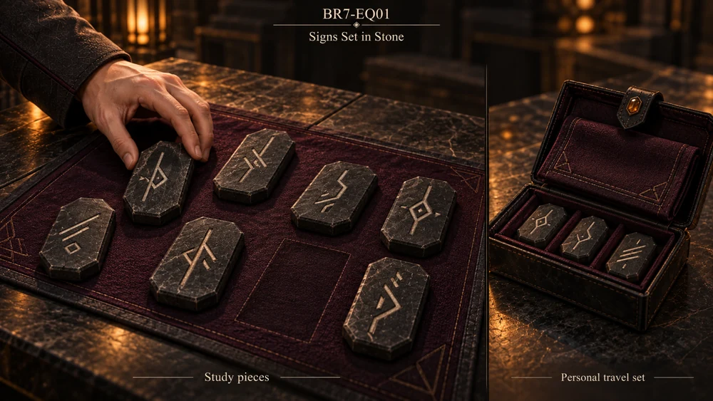 Dark runic pieces arranged on a plum cloth, with a compact form suited to travel.
