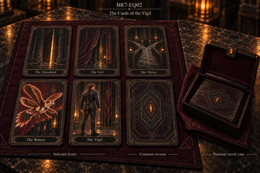 Selected faces of the Vigil’s reading cards, their common reverse and a compact case.