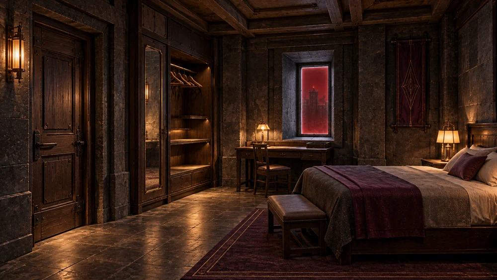 Saevren’s protected room with a bed, desk, wardrobe, travelling storage and warm localized light.