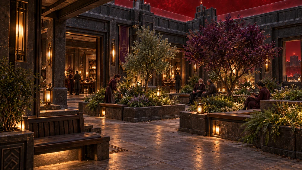An interior garden with contained planting, benches and short paths between deep protective walls.