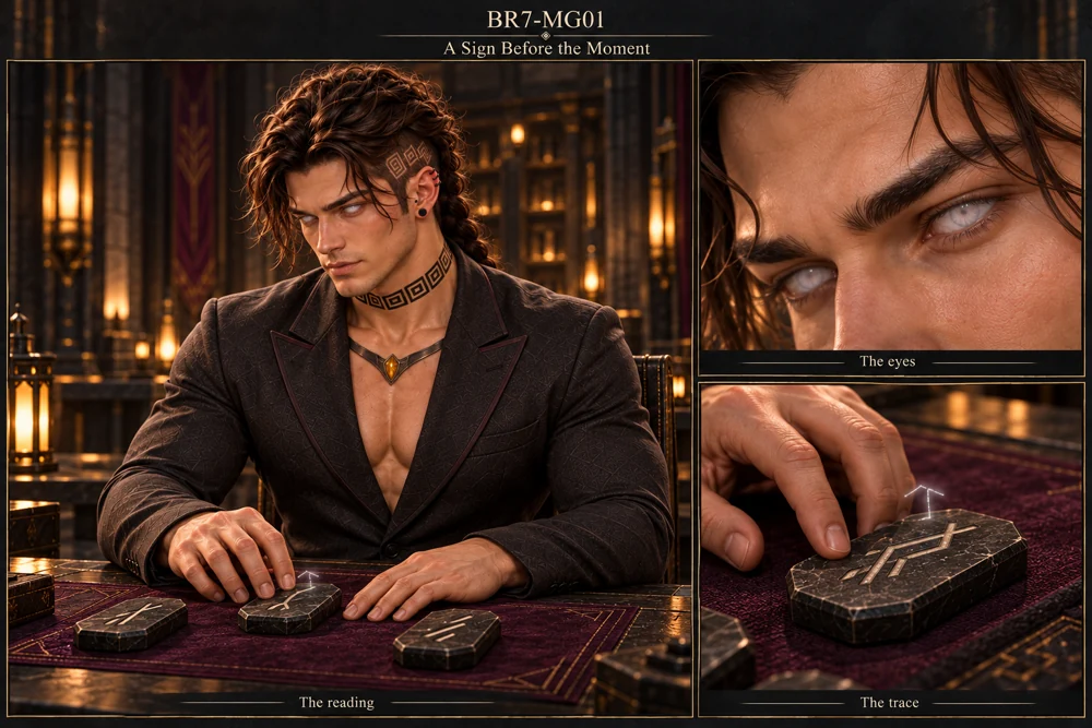 Saevren studies runic pieces with a temporary pearly veil over his eyes and a faint partial trace near the stone.