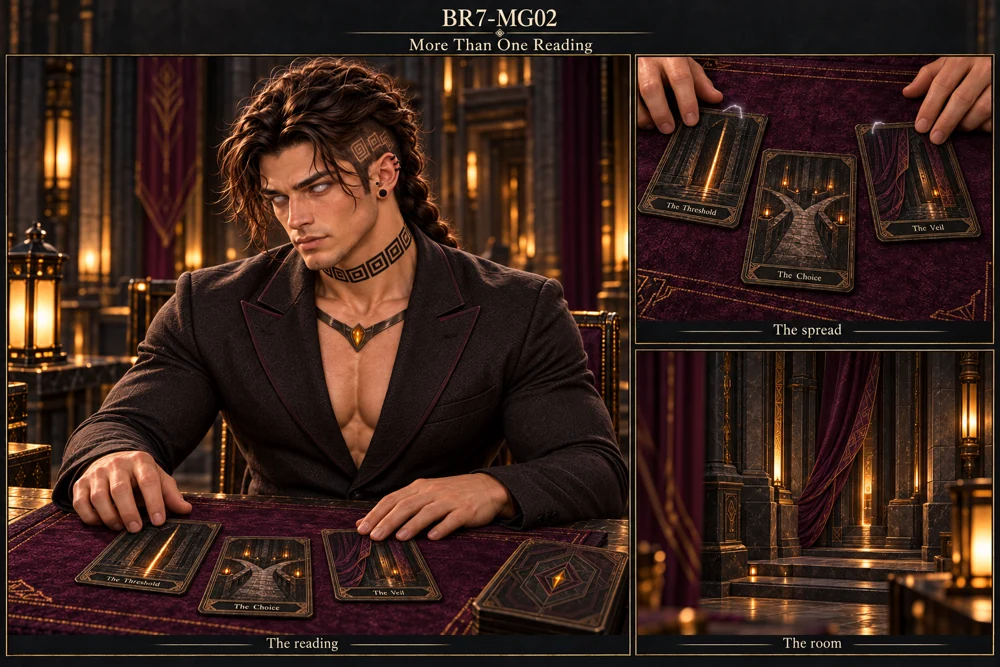 Saevren reads three cards on plum cloth and compares their small pale traces with a nearby physical threshold.
