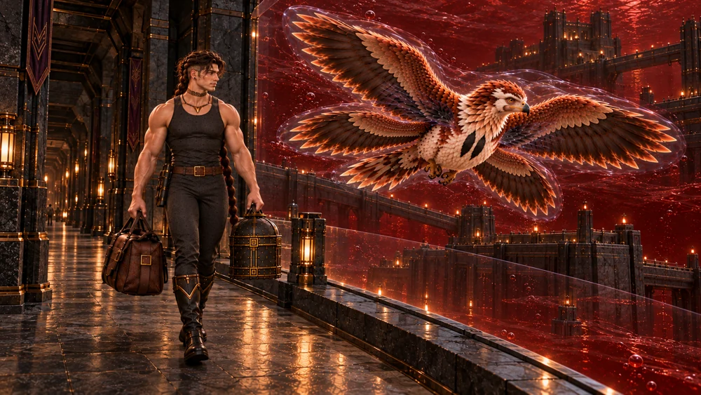 Saevren walks through a dry passage while Thoden flies beside him through the dark red liquid beyond its protective boundary.