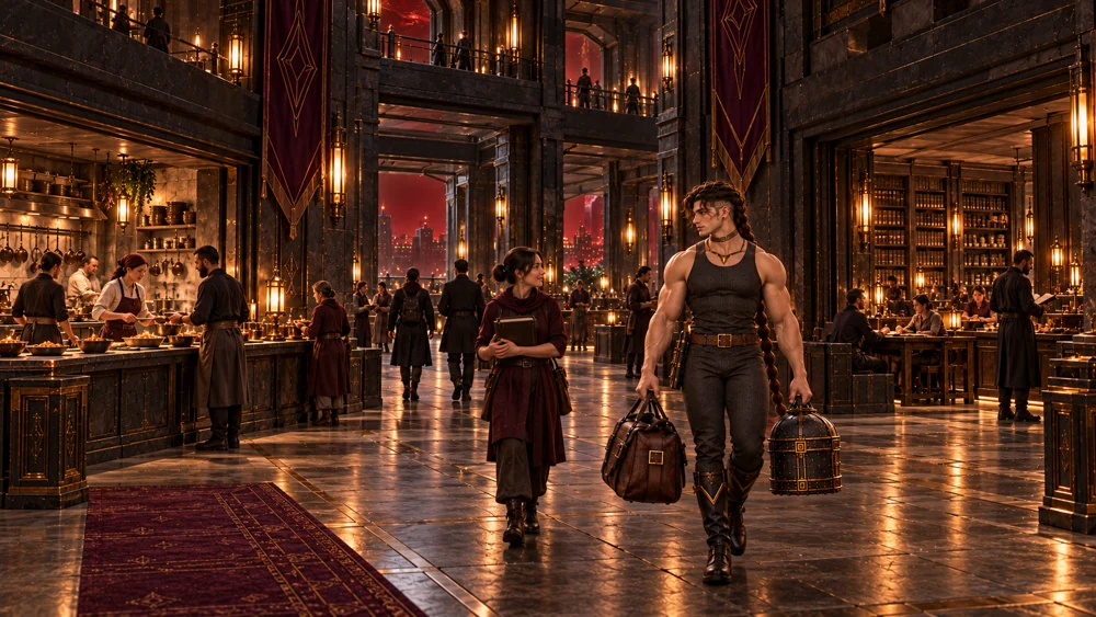 The heavy doors and layered galleries of the Vigil Hold surround small groups of residents and the arriving Saevren.