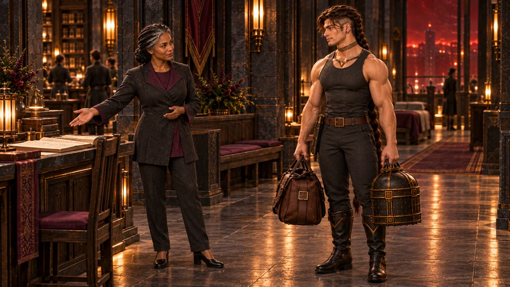 Othara welcomes Saevren in the sheltered civil spaces of the Vigil Hold.
